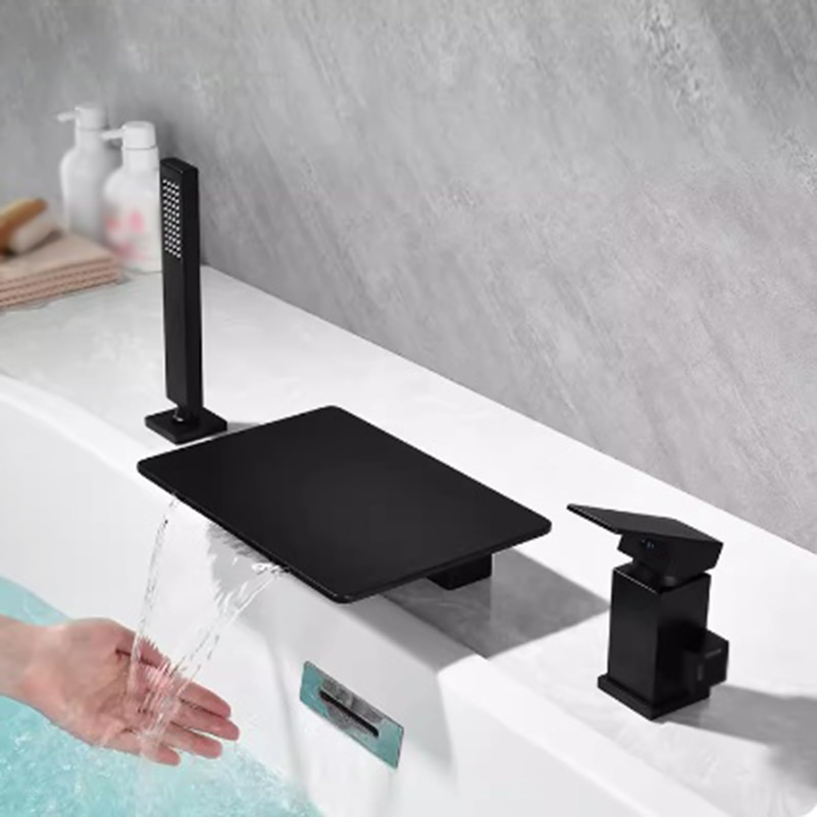 Grifo Mezclador de Ducha Y Bañera de 3 Orificios con Cascada de Ducha Latón Grifos de Agua Fría Y Caliente Tipo Cascada Juego de Bañera Y Lavabo Negro