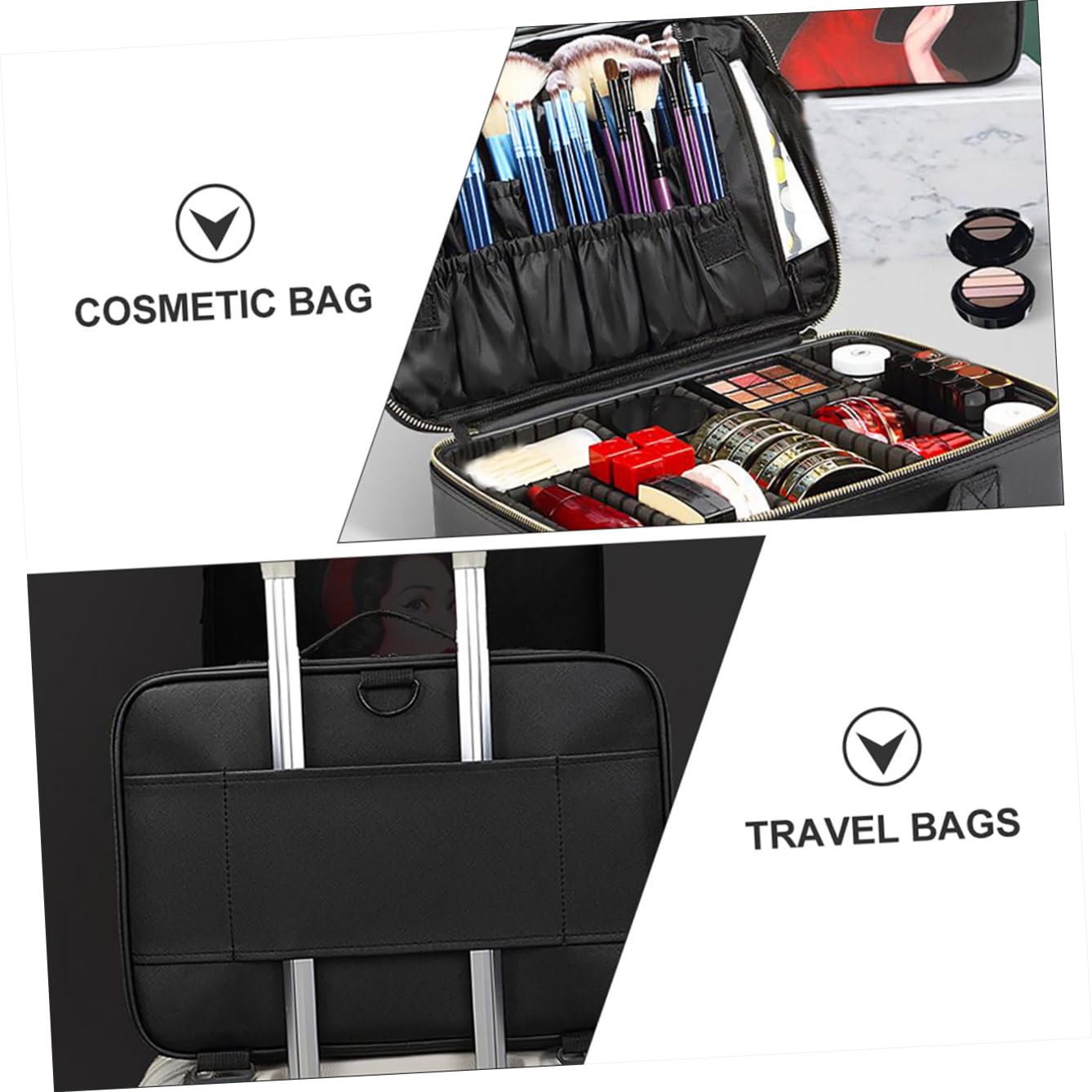 VICASKY Borsa per Trucco Piccola Oxford Resistente Custodia Cosmetici Scomparti Borsa da Viaggio Portatile per Donna Agganciabile a Trolley per Lavoro e Hotel 34X24X11 CM