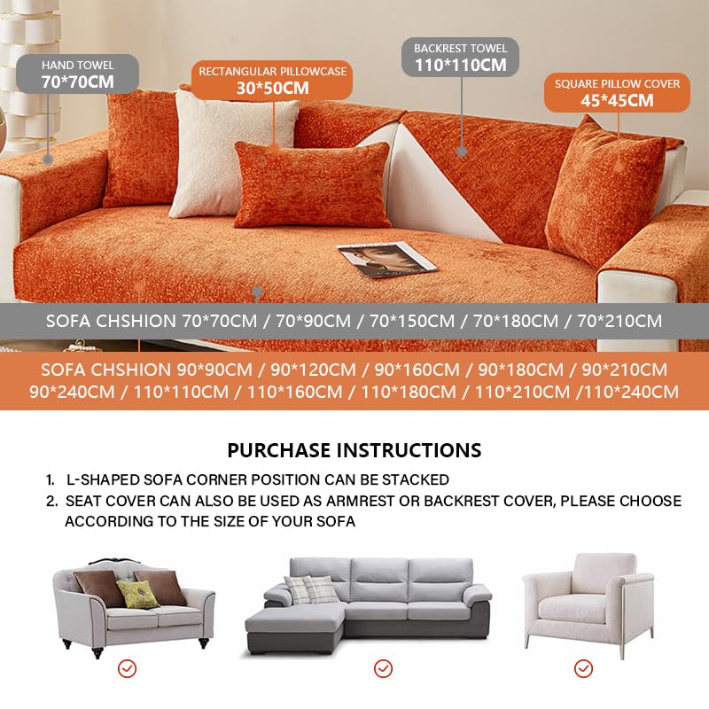 Funda de sofá chenilla gruesa premium naranja de 70x90 cm para tapicería seccional elegante 7