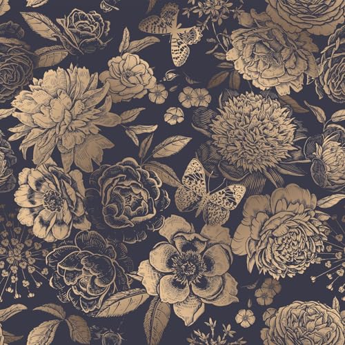 Alzkkll Goldene Blume Schmetterling Wallpaper 44.5CM x 3M Kontakt Papier Abnehmbar Wasserdicht Tapete Dekorative Vinyl Selbstklebende Tapete Geeignet Für Küche, Bad, Schlafzimmer, Wohnzimmer