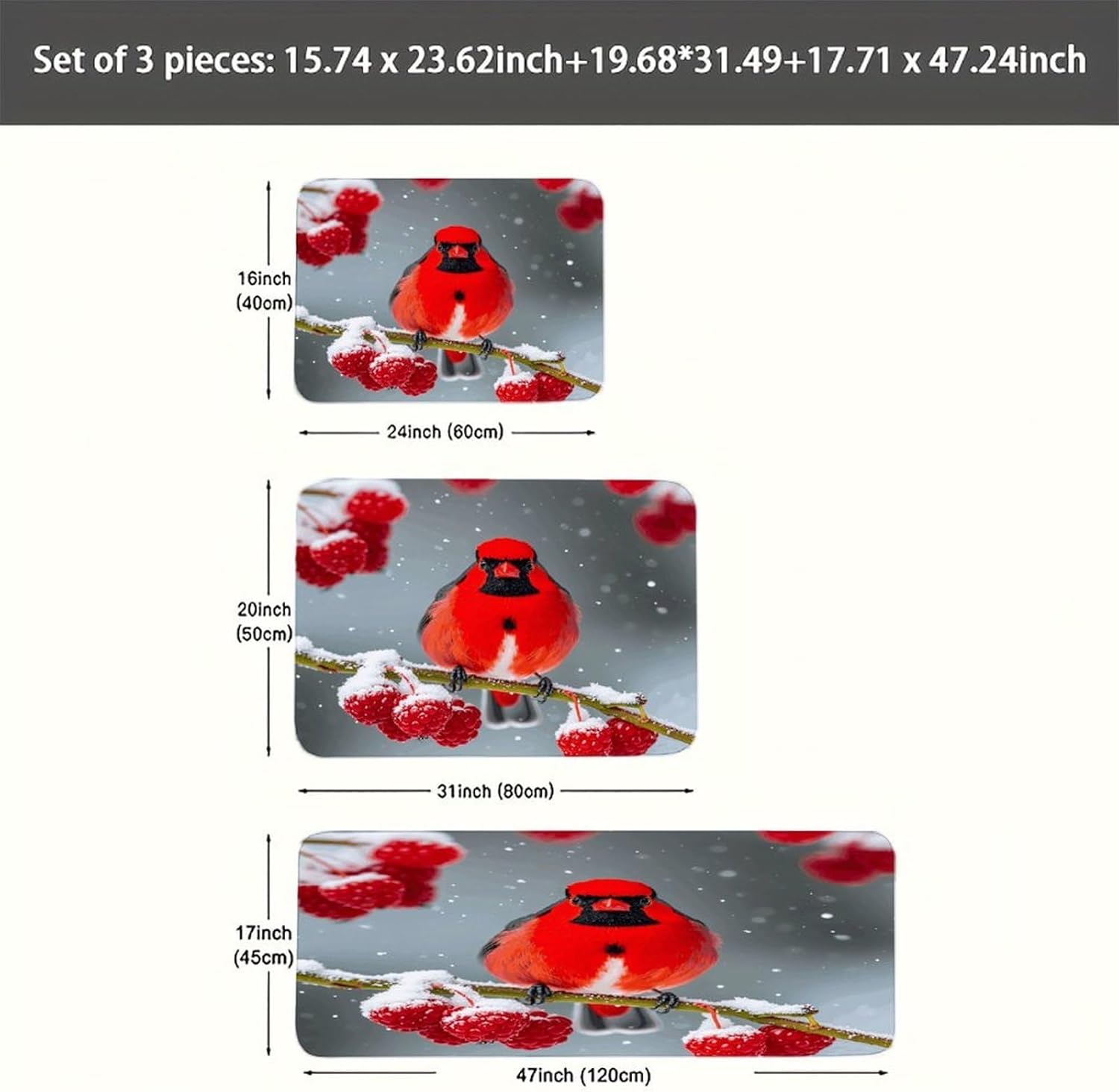 Cardinal Birds, Snow, Cranberries. Kitchen Mats Soft Absorbent Rugs for Floor Non Slip Washable Kitchen Mats Fashion Rectangular Rugs for Three-Piece Set for Laundry Office Home Sink