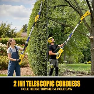 DDKUN 2-in-1 Telescopic Cordless Pole Hedge Trimmer 16-Inch and Pole Saw 8.6-Inch,Compatible with Dewalt 20V Battery(Tool Only),for Tree Trimming and Shrubs Pruning