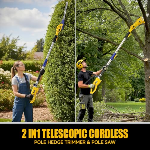 Image of 2-in-1 Telescopic Cordless Pole Hedge Trimmer 16-Inch and Pole Saw 8.6-Inch,Compatible with Dewalt 20V Battery(Tool Only),for Tree Trimming and Shrubs Pruning