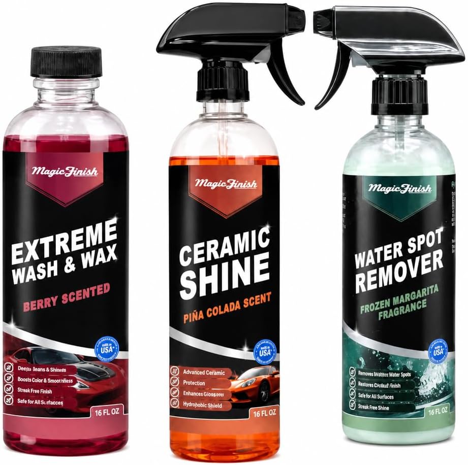 Magic Finish Complete Car Care Bundle – Ceramic Shine Spray, Water Spot Remover & Car Wash Soap Wax Kit – Hydrophobic Protection, High Gloss Finish, UV Defense & Streak-Free Cleaning – Tropical Scent