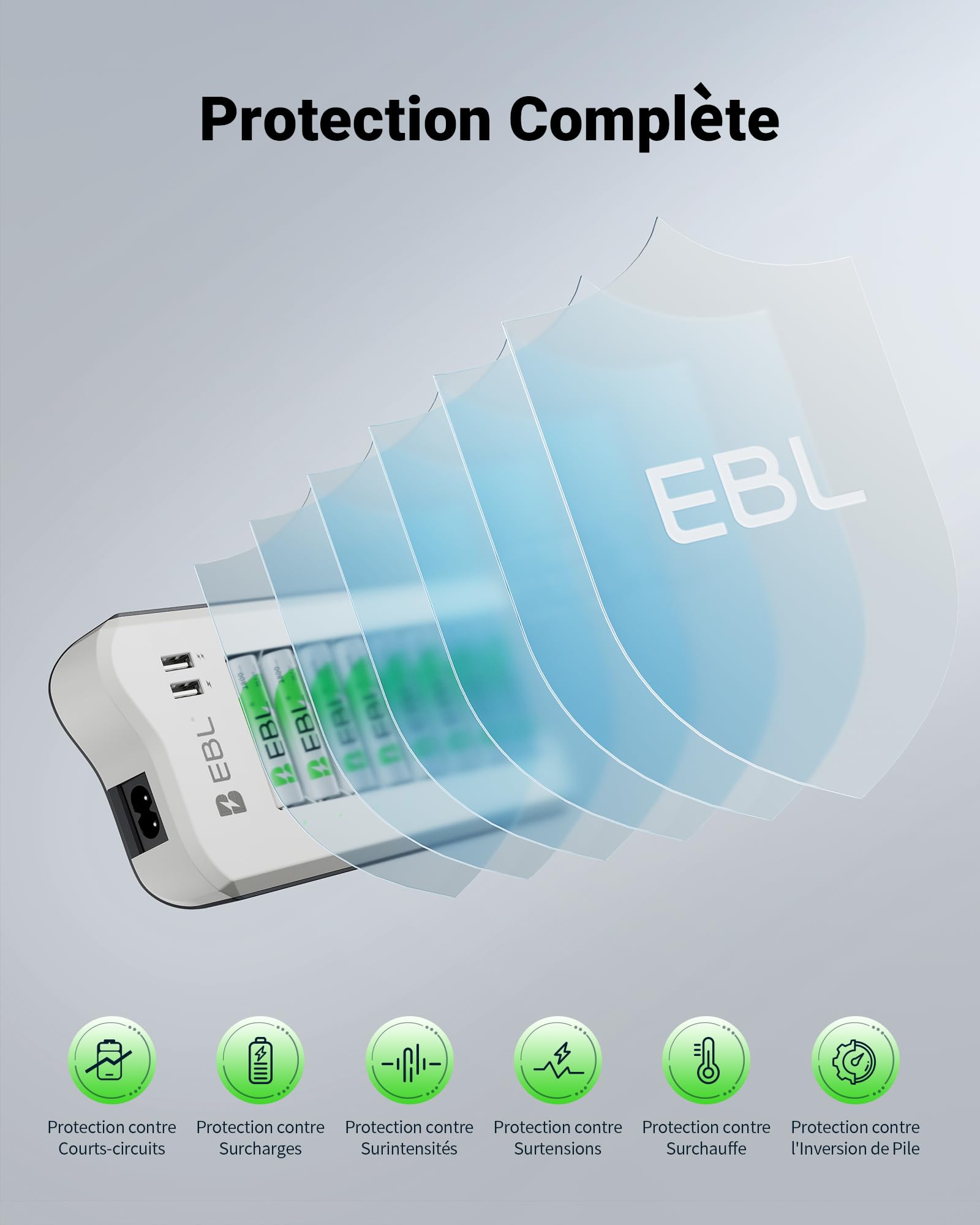 EBL Chargeur de Piles Rechargeables + 8PCS Piles AA Rechargeables Puissantes, avec 2 USB Ports pour Accus AA/AAA/Ni-MH et Smartphone, Tablette