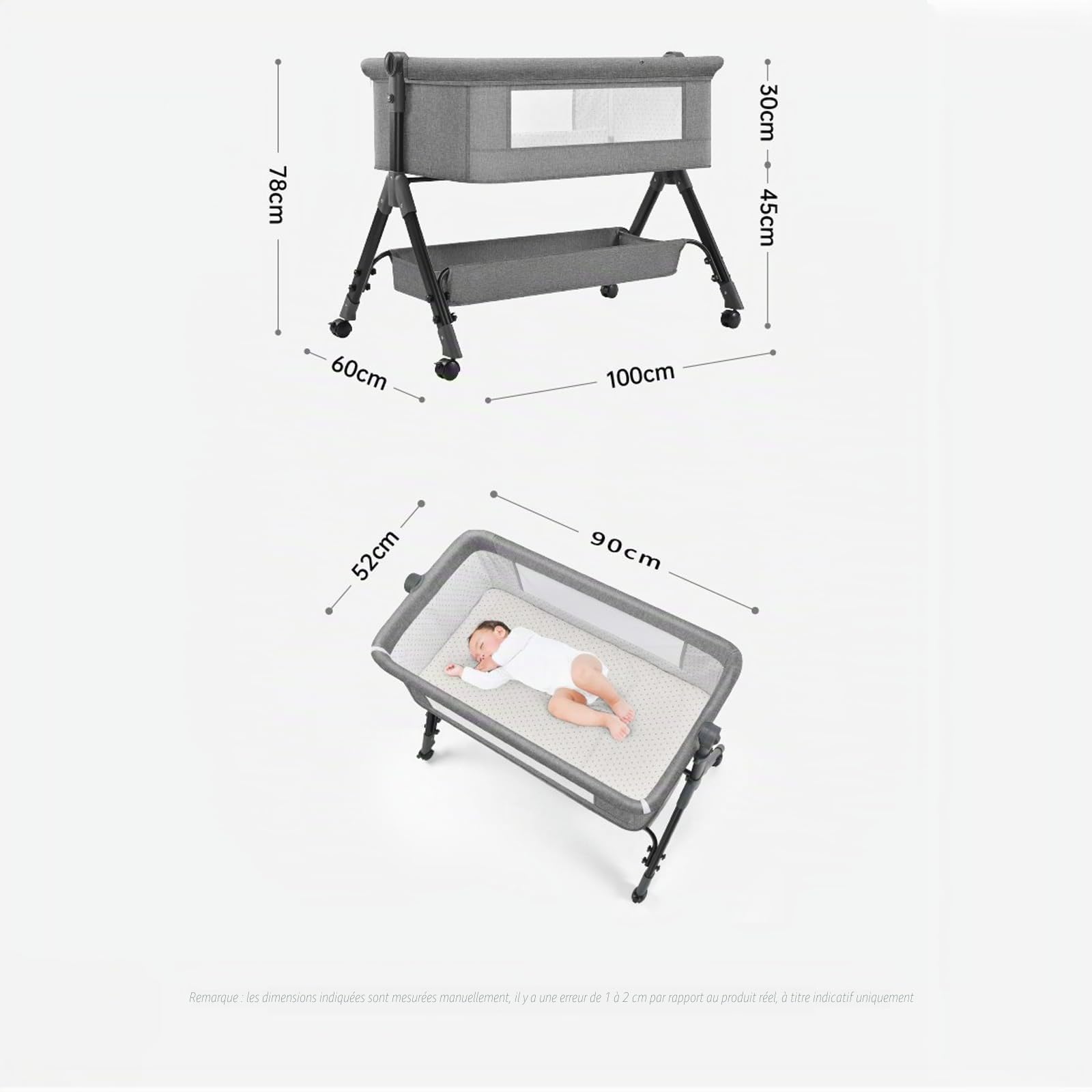 Lit de Voyage Pliable 3 en 1, Berceau à Bascule pour Bébé, Lit Nouveau-né, avec Table à Langer, Moustiquaire, Panier de Rangement, Matelas, 4 roues, pour Bébé de 0 à 24 Mois (KHAKI)