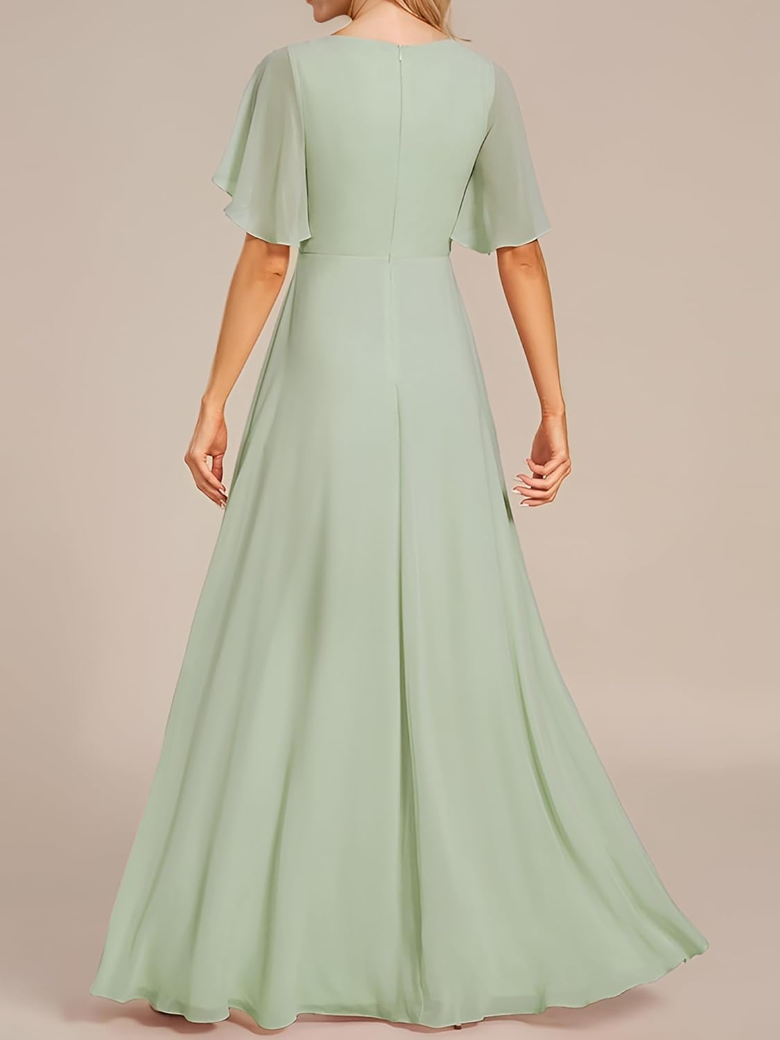 Ever-Pretty Women's Spring Short Sleeve Bridesmaid Dresses V-Neck Chiffon Ruched Empire Waist Appliques Long Formal Dress - Image 2