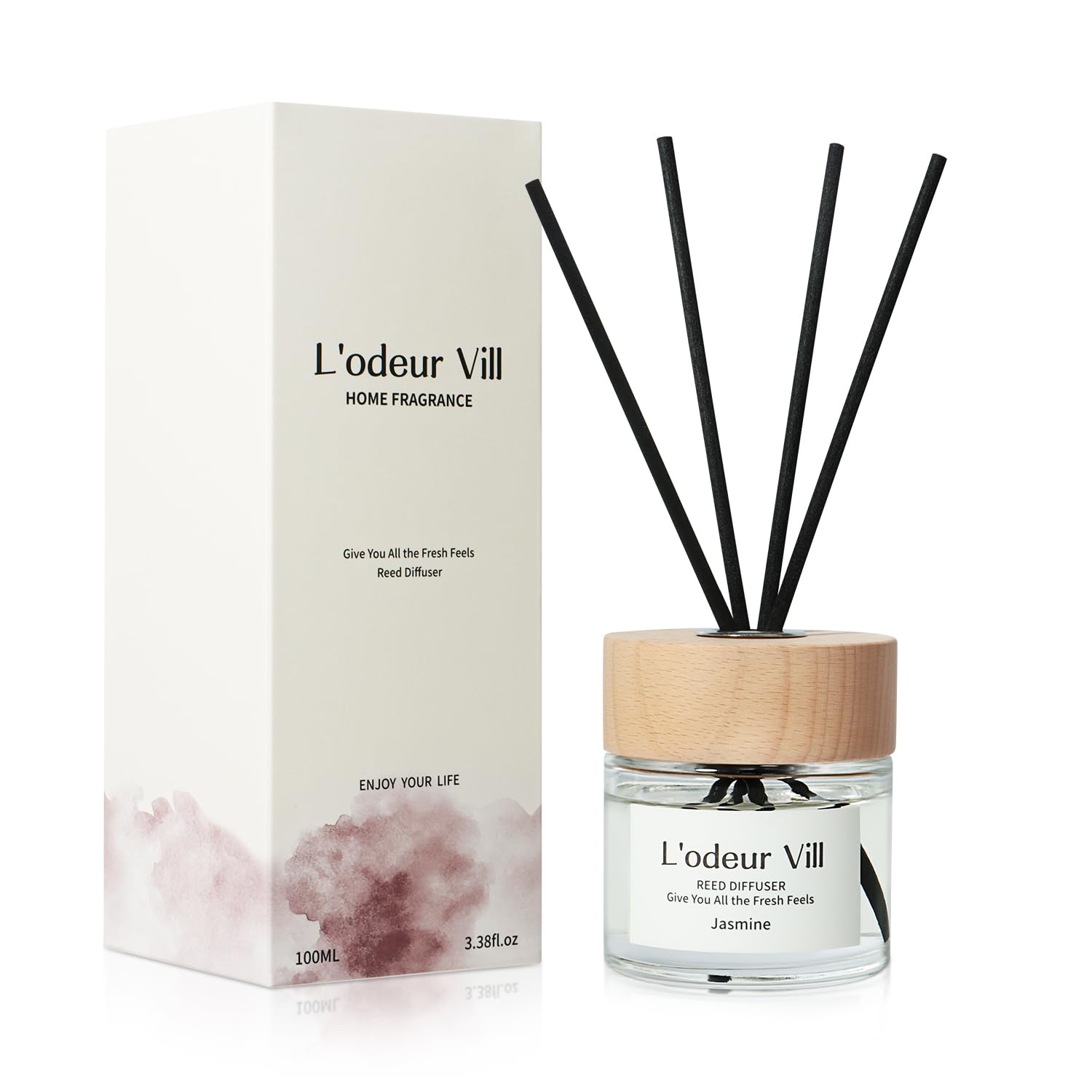 L'odeur Vill 100ml (Jaśmin) Dyfuzor Zapachowy z Patyczkami Trzcinowymi, Zestaw z 6 Patyczkami, Zapach Domowy do Sypialni, Biura, Łazienki