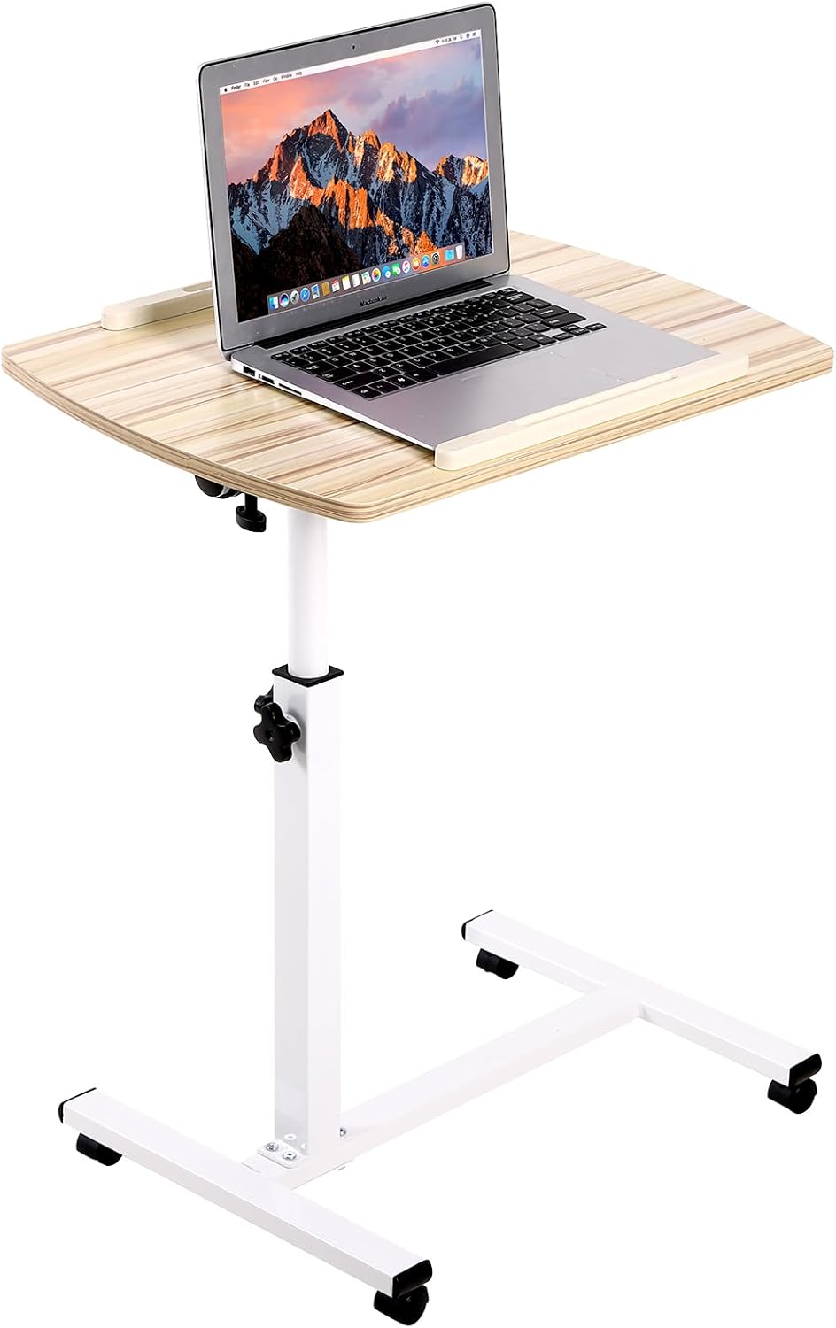 Overbed Table Height Adjustable with Tilting Desktop Bed Side Table with Wheels Lockable Rolling Standing Laptop Desk Hospital Bed Table, White White+light Wood
