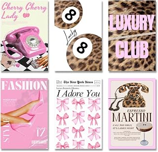 Trendy Pink Leopard Print Wall Art Set of 6 Retro Club Fashion Woman Cheetah Print Posters High Heels Lucky 8 Ball Y2K Aesthetic Decor for Girls Room Bar Cart Bedroom 12x18inch Unframed