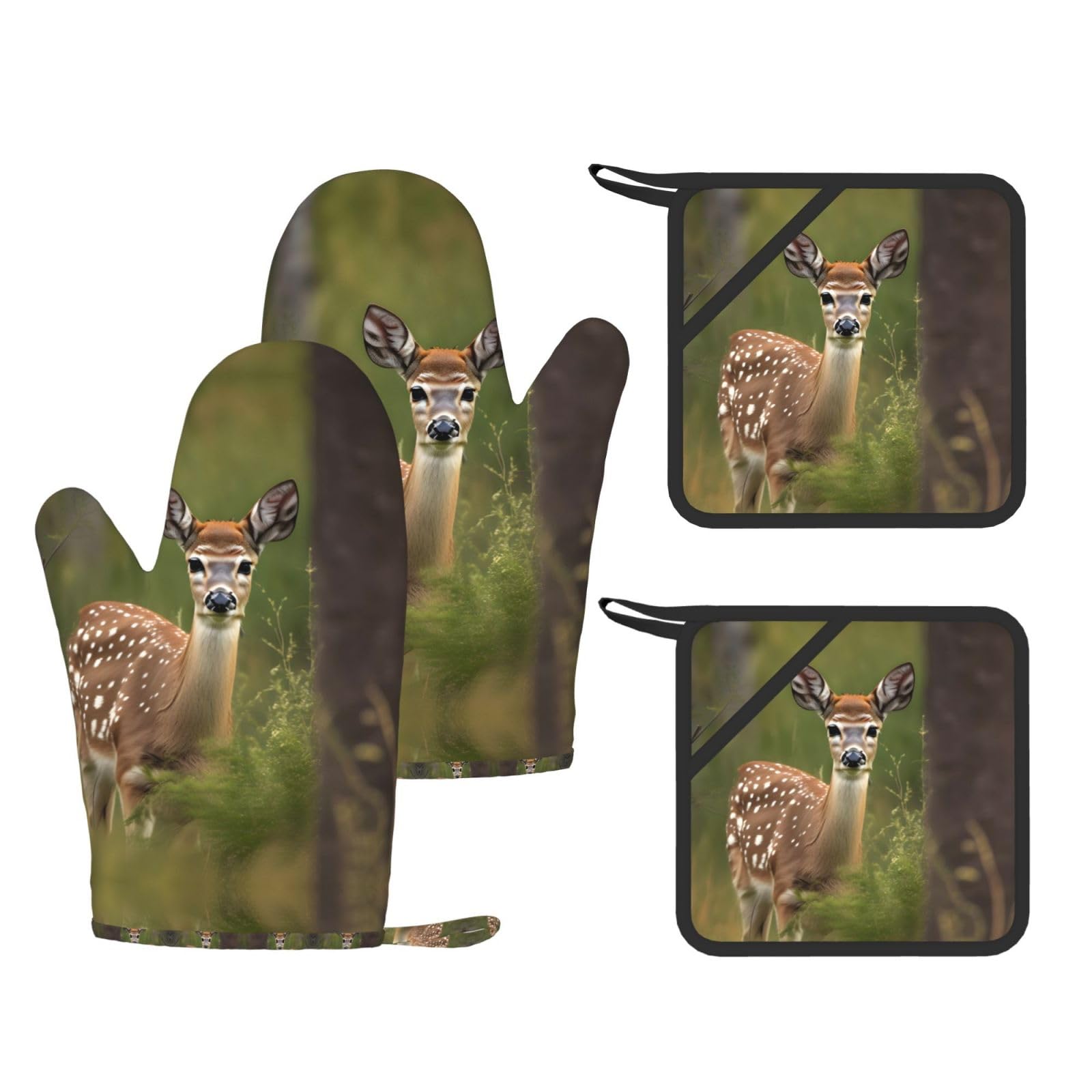 Whitetail Deer Fawn in Wilderness Stag Printed Kitchen Set with Heat Resistant Oven Gloves & Non-Slip Pot Holders for Daily Cooking