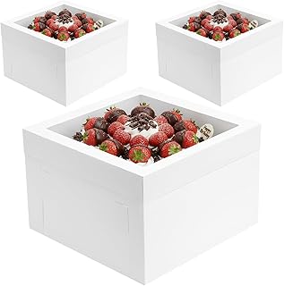 Moretoes 3 Pack Cake Boxes 12x12x8 Inch, Bakery Containers with Large Window, 12 Inch White Cake Carrier, Disposable Boxes for Birthday, Party, Cupcake Cookie Pie Pastry.