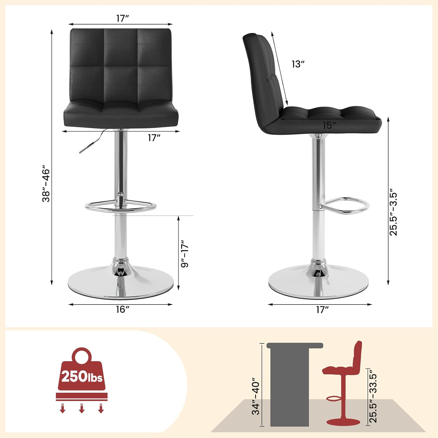 NAFORT Bar Stools Set of 2, Kitchen Stool Set with PU Leather, Gas Lever, Metal Footrest & Base,Anti-Slip Rubber Ring, Armless Counter Height Adjustable Bar Stool Set for Kitchen, Home Bar, Cafe, Pub