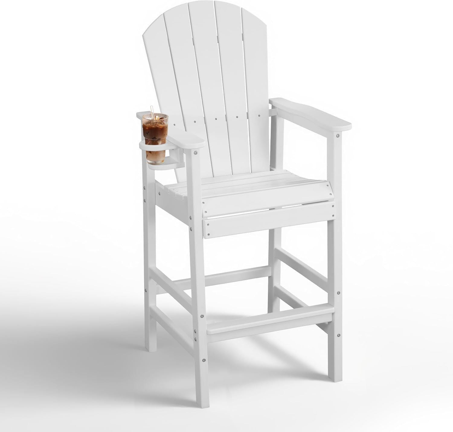 Tall Adirondack Bar Chair with Cup Holder, HDPE Outdoor Bar Height Chair with Armrests, All-Weather Poly Patio High Chair with Footrest for Balcony, Deck, Poolside, Backyard & Porch, White