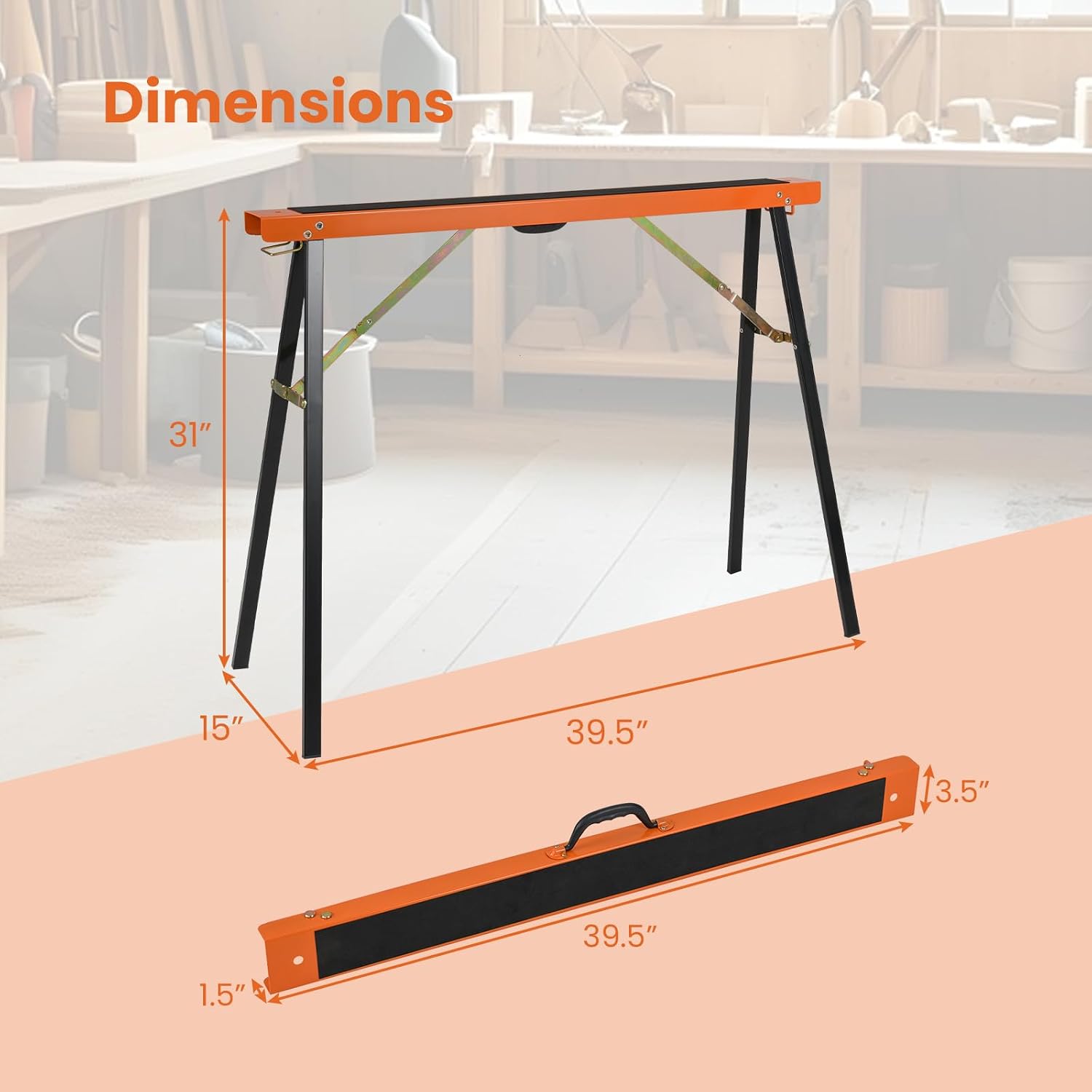 2 Pack Folding Sawhorses, Heavy Duty Metal Saw Horse with Pre-Drilled Holes, Handle & Non-slip Top, Portable & Collapsible Saw Horses for Woodworking Carpenters, Contractors