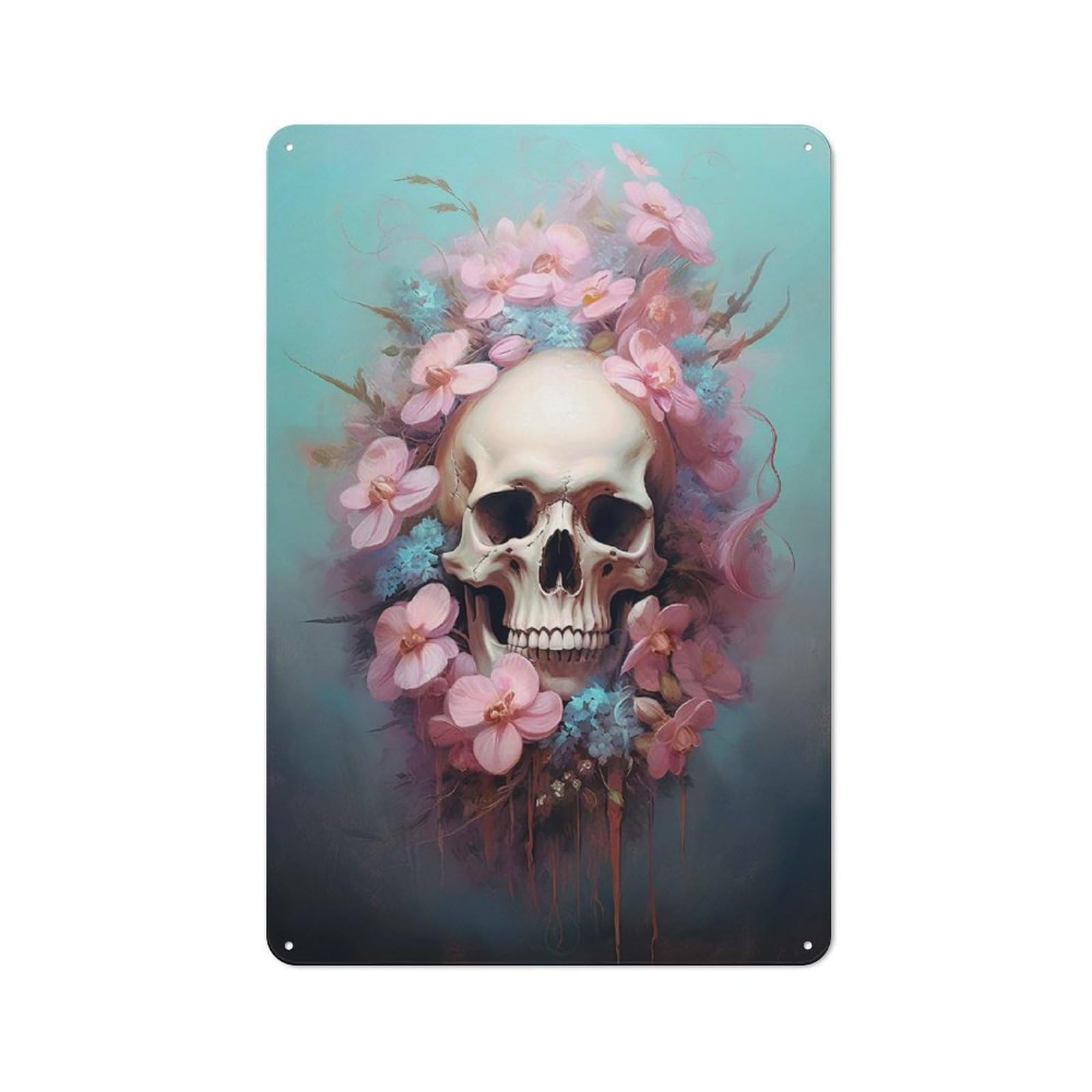Tin Sign 30x20cm with Skull with Pink Flowers for Pub Or Café, Rustic Decor, Wall Decoration for A Recently Updated Pub And Café