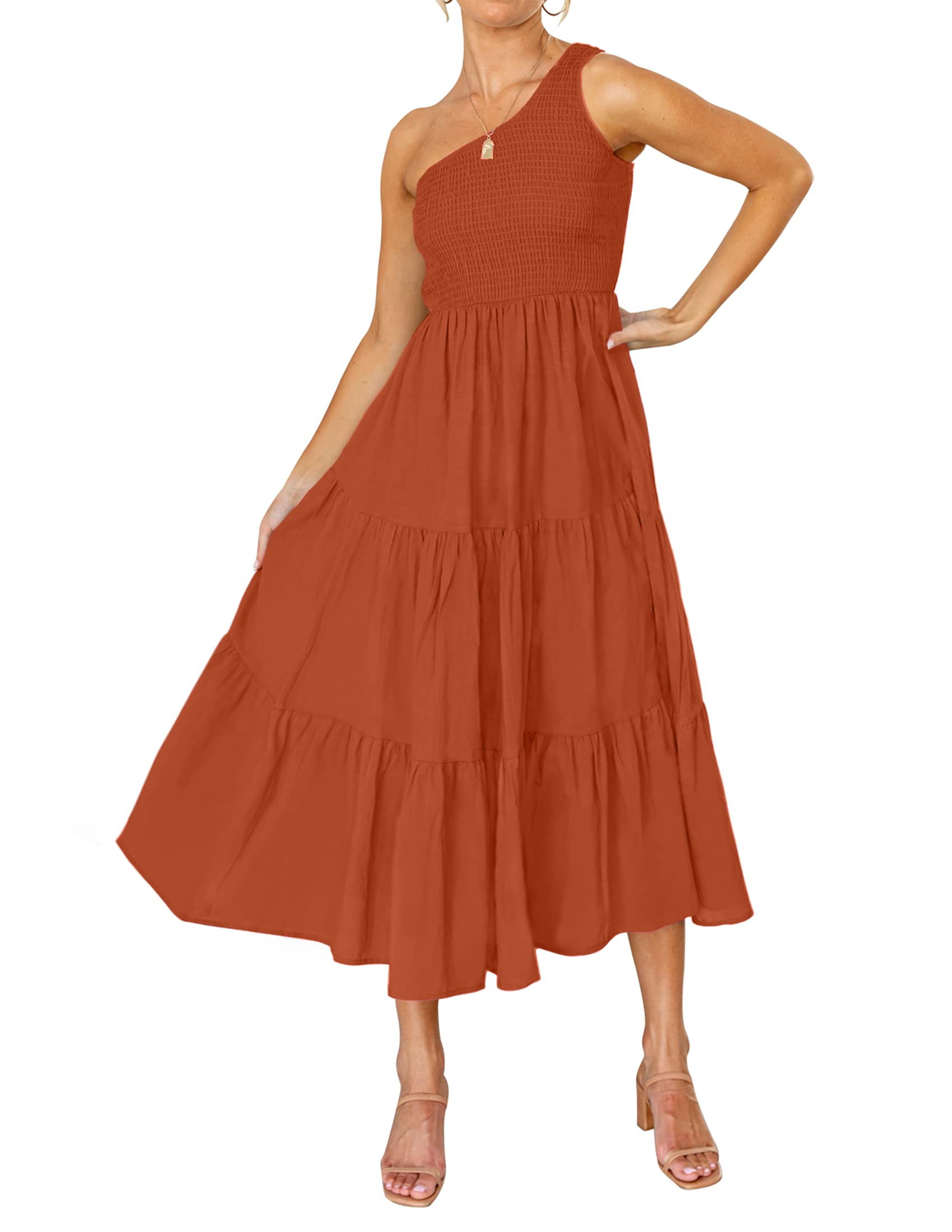 ZESICA Womens Summer Floral One Shoulder Midi Dresses | Sleeveless Long Dress, Ruffle Tiered, Fashion Smocked Dress, Boho, Smocked Bodice, Flowy A Line Dress, Beach Vacation Dress