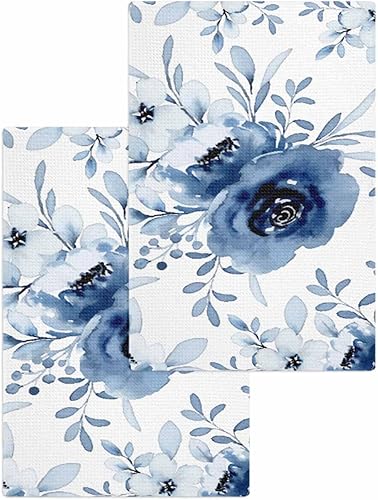 Kitchen Towel 2 Packs Cotton Waffle Weave, Watercolor Blue Flowers 16 x 24 Inch Absorbent Quick Drying Dish Towels Clothes for Kitchen Living Room