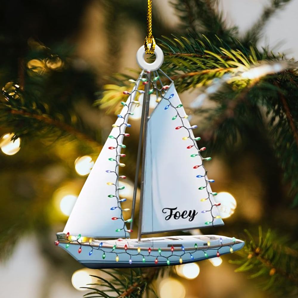 Sailboat Christmas Ornament 2025 – Custom Name Nautical Holiday Decoration with Festive Lights – Personalized Gift Keepsake for Sailors, Seafarers, and Coastal Families