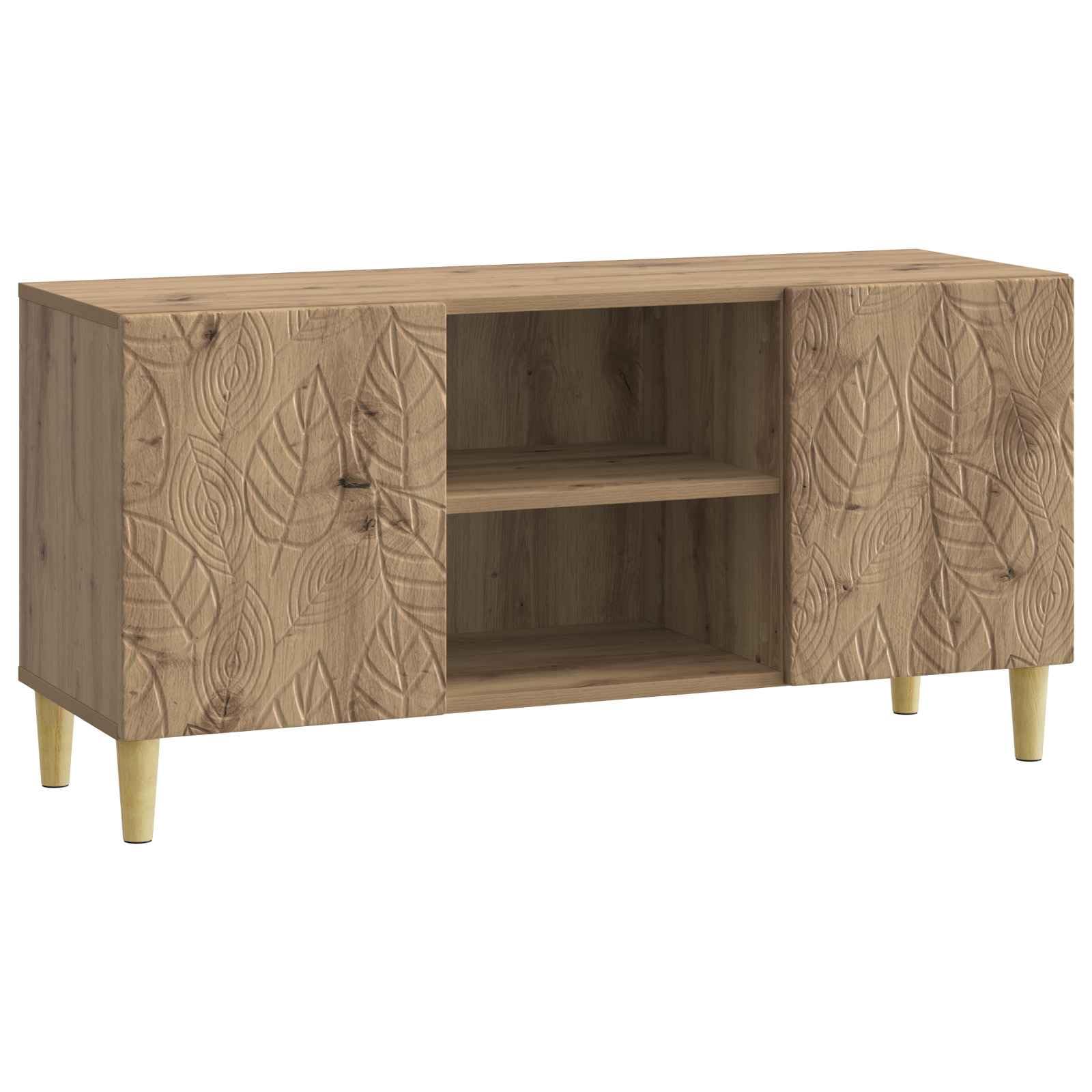 Meuble TV bas pour salon avec rangements et pieds en bois vintage