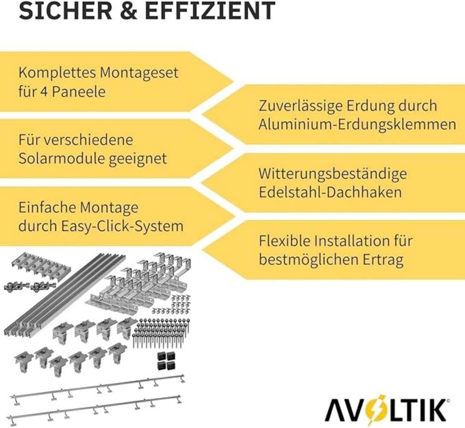Avoltik Solar Halterung Ziegeldach I Set für 4 PV Module 30-45mm I Solarmodul Halterung Balkonkraftwerk I Solarmodulbefestigungsset für Ziegeldächer aus Edelstahl 1.4301 I PV-Halterung Montageset