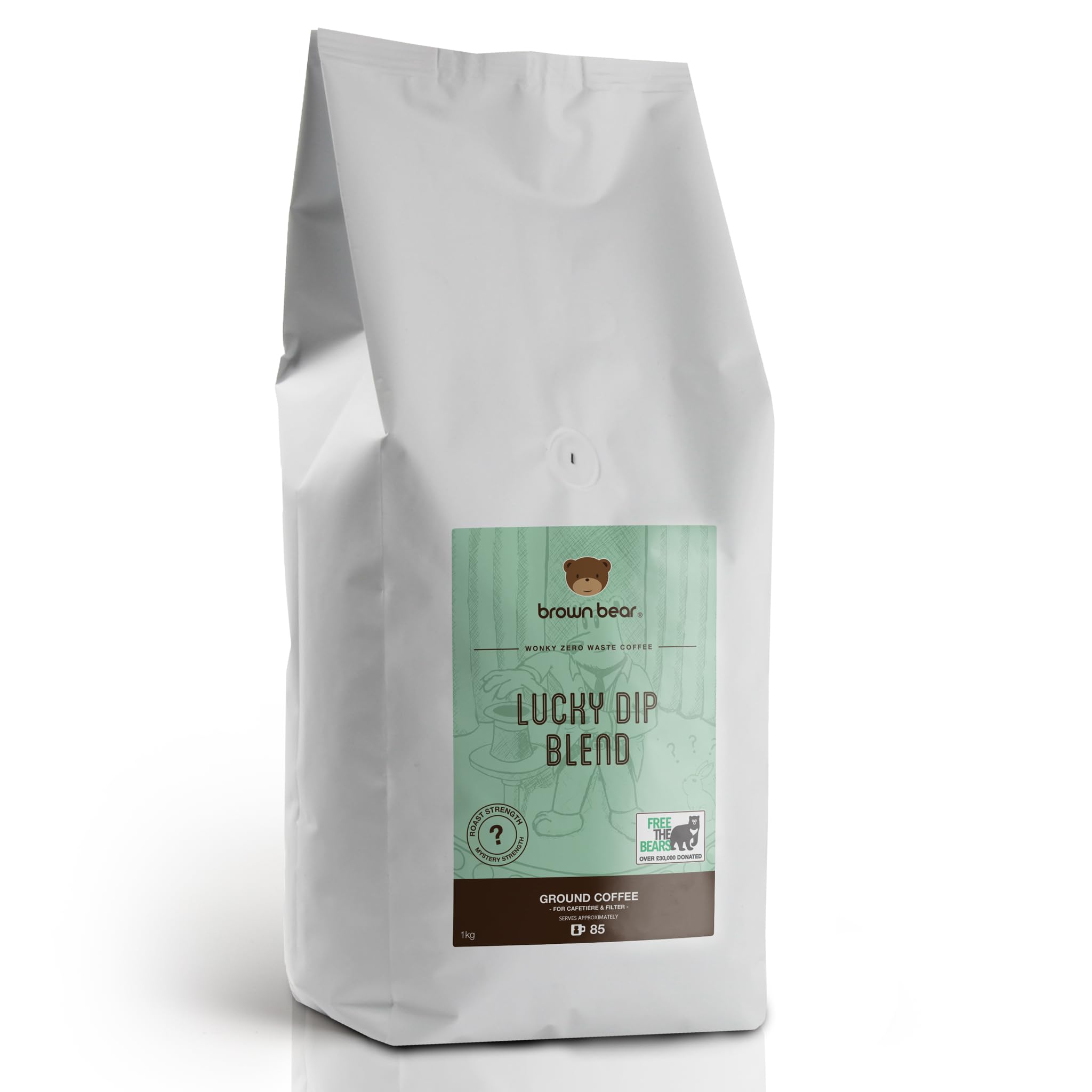 Ground Coffee 1kg - Wonky Mystery Zero Waste Ground Coffee - Brown Bear Lucky Dip - For French Press Cafetiere Filter Drip V60 Aeropress - Light to Medium to Dark Roast - Donation to Free The Bears