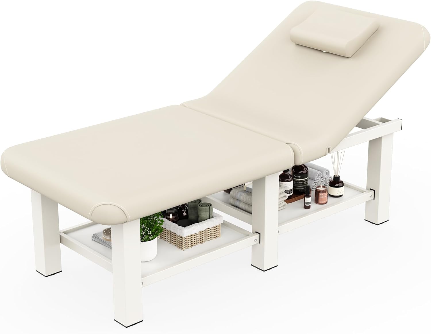 Folding Stationary Massage Table with Backrest and Storage Space, 6 Square Legs Metal Frame PU Leather, 30.5'' Wide × 75'' Long for Treatment Table Physical Therapy Table Spa Facial Bed, Beige Gray