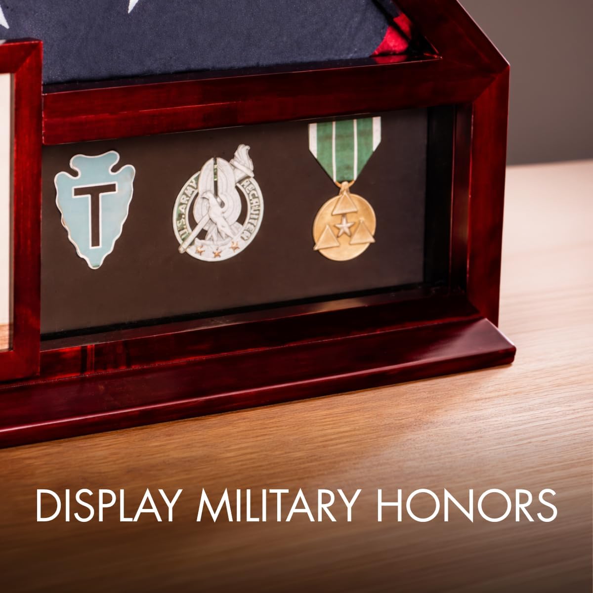 Bey-Berk Custom Personalized American Flag Display Case for 5' x 9.5' Burial Memorial Flag, Military Medal Shadow Box with Glass Front and 4"x 6" Picture Frame (Mahogany)