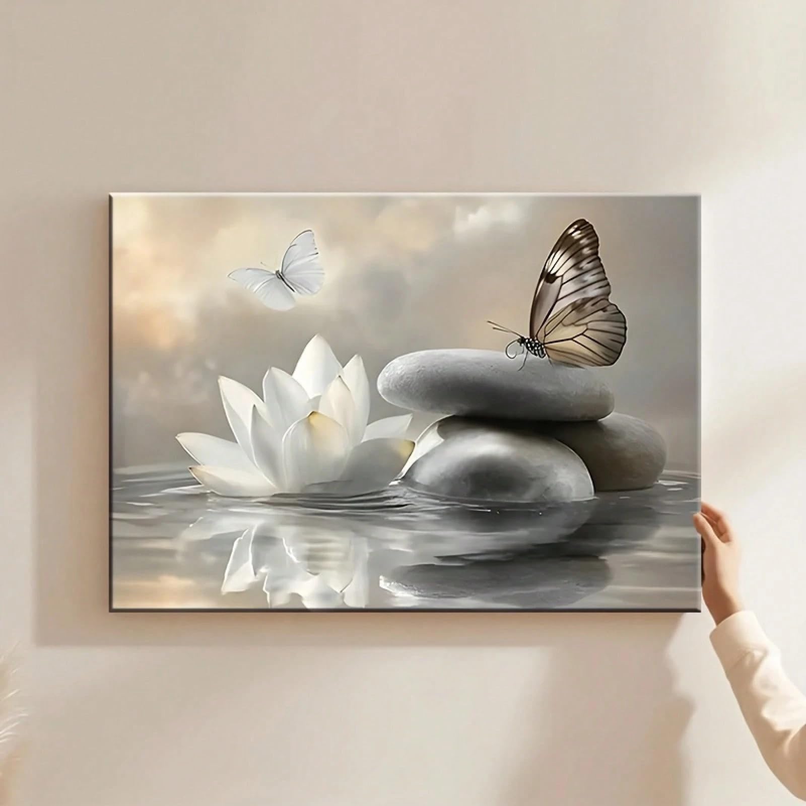 Lienzo o cuadro de loto y mariposa de 40x70cm sin marco para decoración de salones modernos