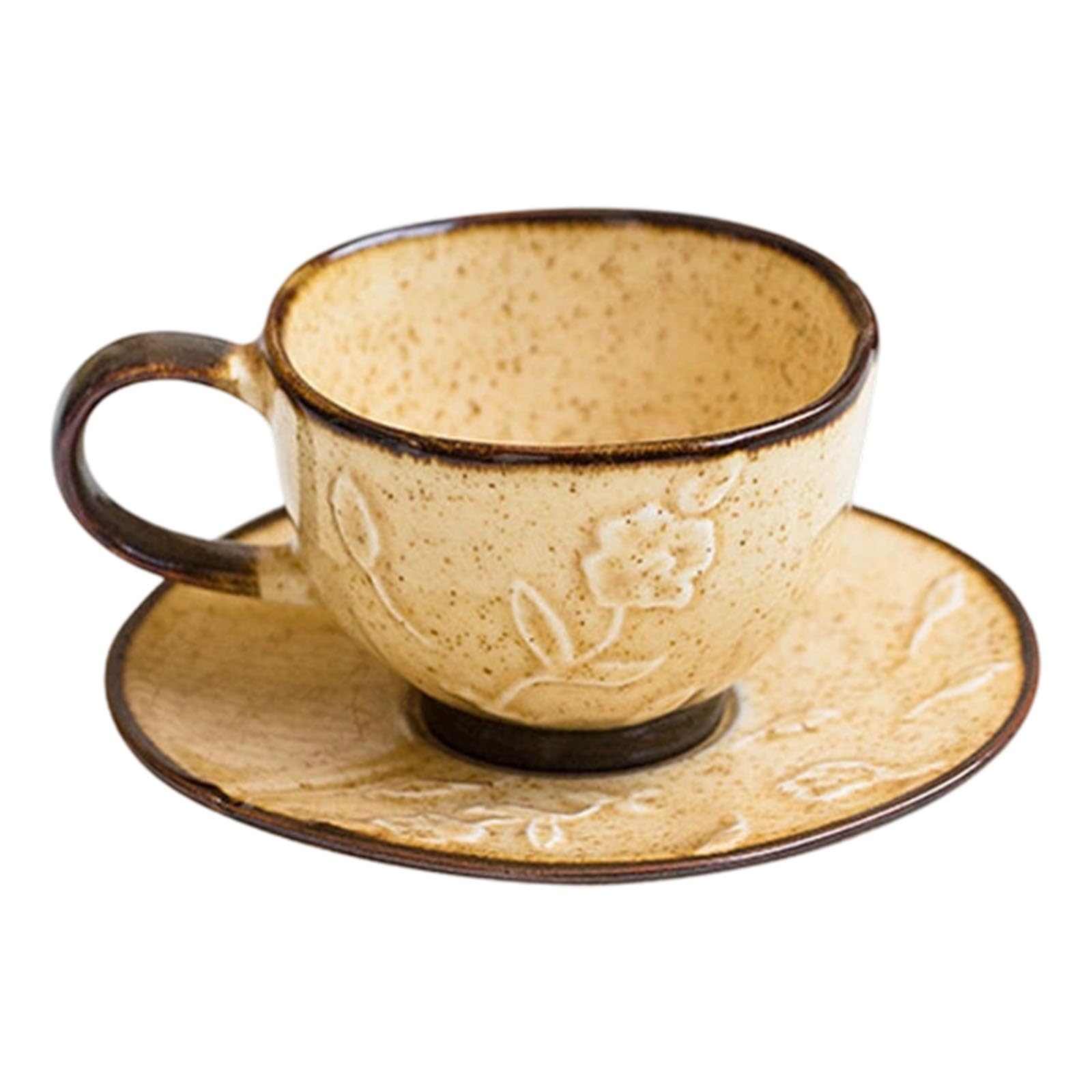 Qusinfc Ceramic Coffee Cup and Saucer Set 180Ml Embossing Flower Espressos Mug with Plate Small Drinkware for Home, Kitchens Dishwasher Safe