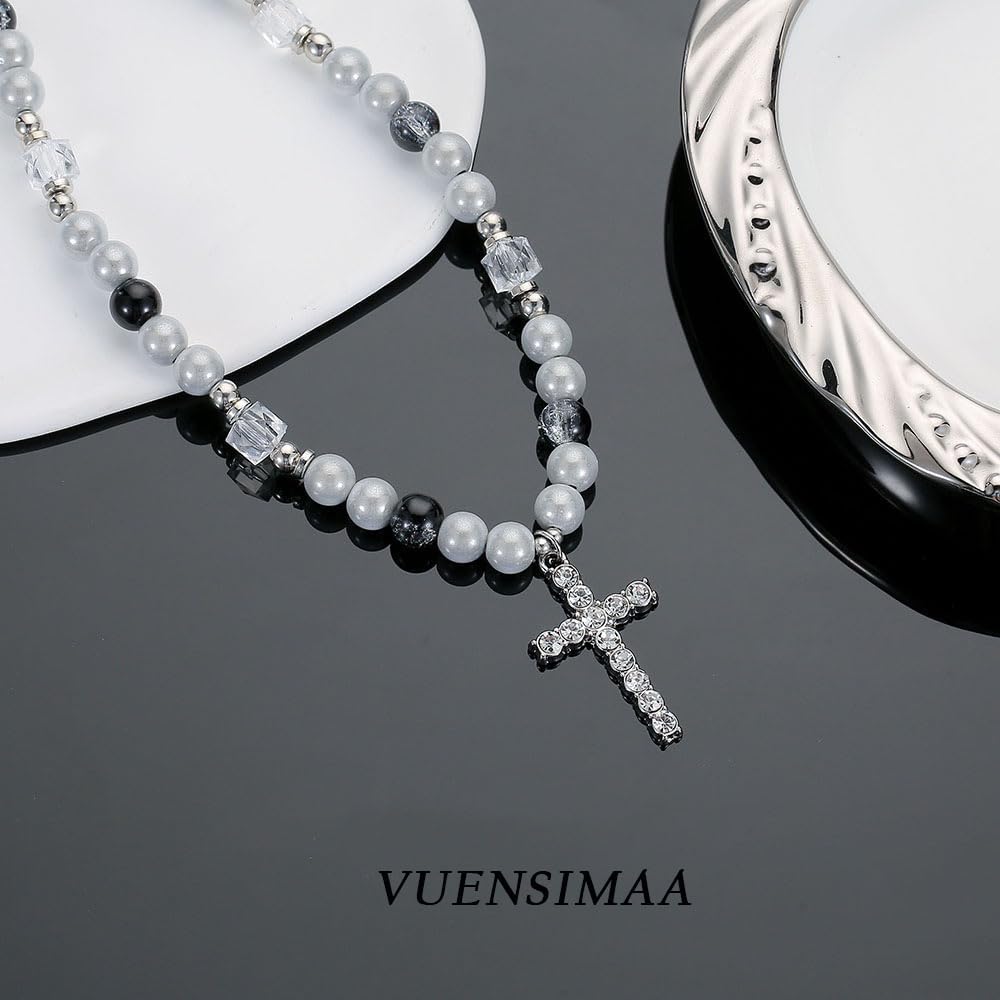 Cross Pearl Necklace for Men Stainless Steel Necklace 10mm Double Layered Cuban Link Fashion Jewelry Baptism Gifts for Him