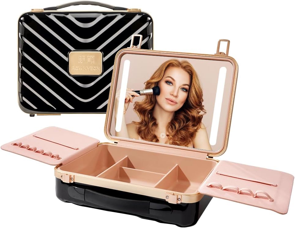 ROWNYEON Travel Makeup Train Cases with Light Up Mirror, Large Makeup Bag Cosmetic Case with 3 Adjustable Brightness, Portable Makeup Organizer for Brushes & Makeup Tools,Black Black1
