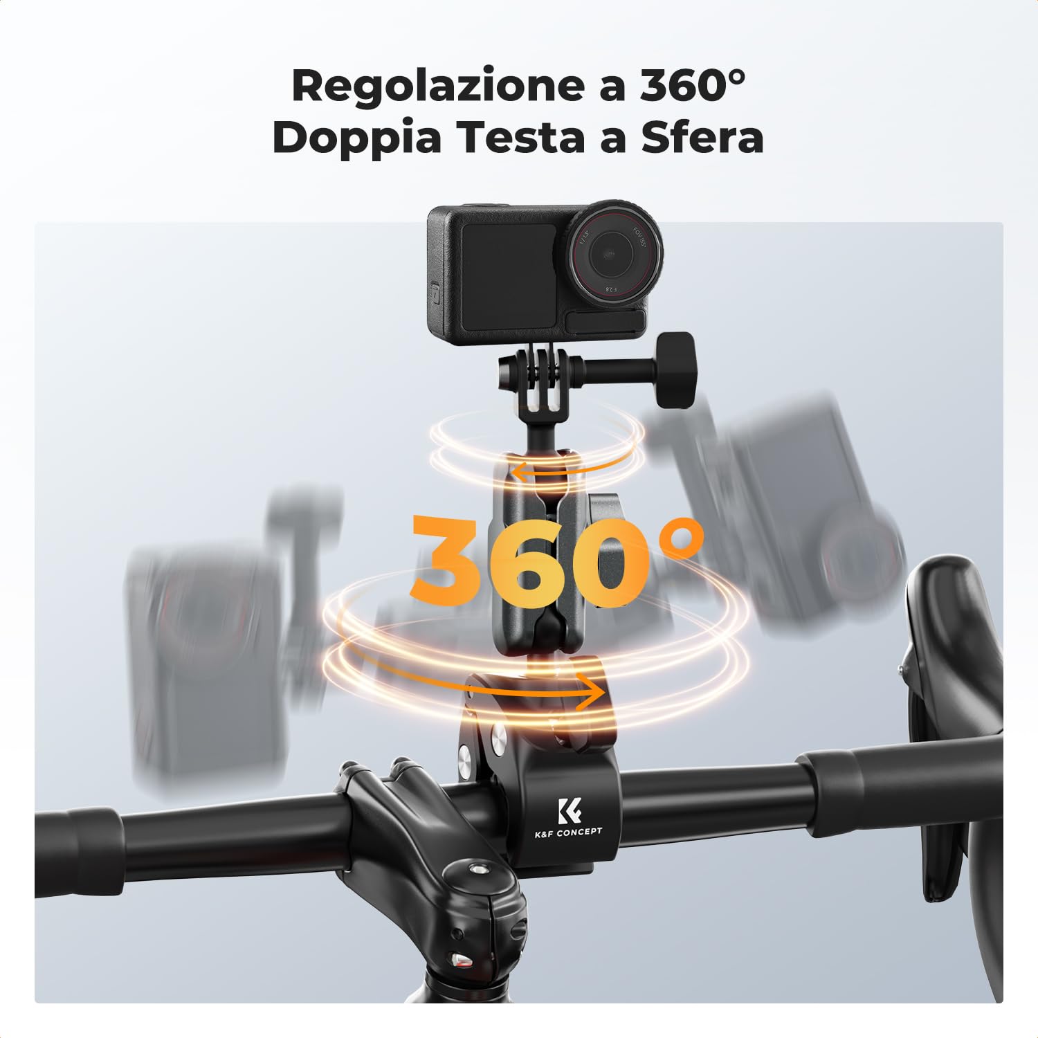 K&F CONCEPT Supporto Action Camera con Super Clamp e Doppia Testa a Sfera 360°, Morsetto per Manubrio Moto e Bici, Compatibile con GoPro Hero 13/12, Insta360 X5/X4, DJI Osmo Action 5/4/3 e Pocket 3