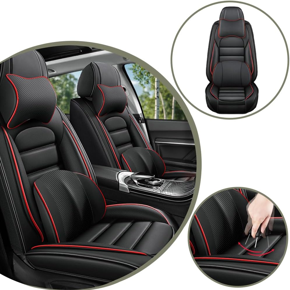 Universal Car Seat Covers for 96% Vehicle Models-Car/SUV/Truck Comfortable and Anti-Slip Seat Covers,Waterproof Leather Seat Protectors Interior Accessories(5Pcs Deluxe-Black&Red)