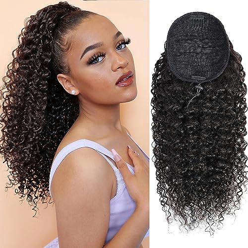HLSK Kinky Curly Ponytail Human Hair (20 Inch) Afro Kinky Curly Drawstring Ponytail Extension for Black Women Human Hair, 4C Natural Curly Ponytail,10A Brazilian Virgin Hair Ponytail