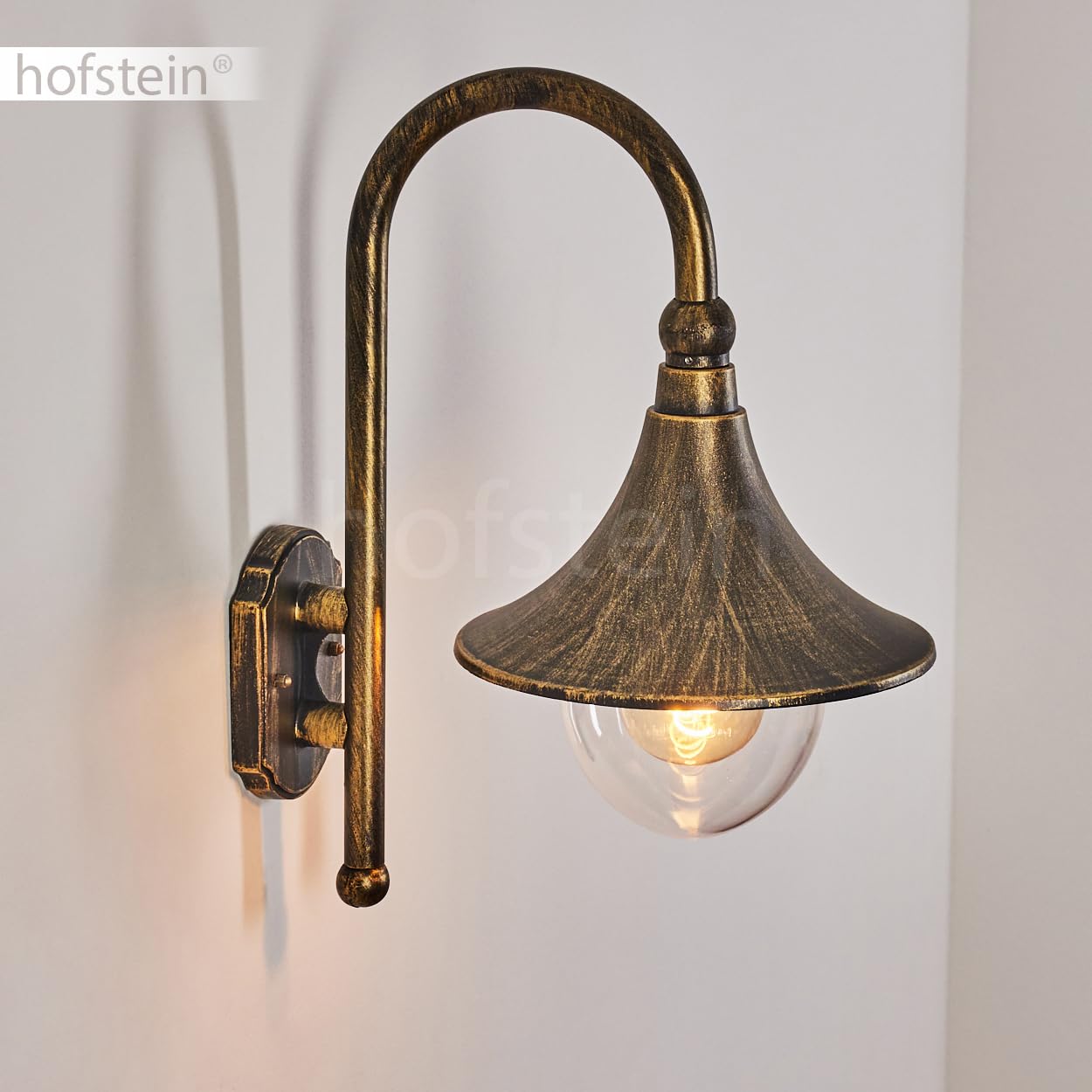 HOFSTEIN Außenwandleuchte Elgin, Außenwandlampe aus Metall/Kunststoff in Braun-Gold/Klar, Wandleuchte Down außen im Landhaus/Retro/Vintage-Stil, E27, IP44, Hof, Eingangsbereich, Terrasse, Haustür