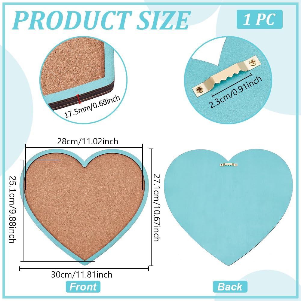 BENECREAT Light Sky Blue Heart Pin Cork Board, 10.6x11.8inch Bulletin Display Board Wall Mounted Cork Board for Brooch Pin Storage Display, Office Home and School Decor