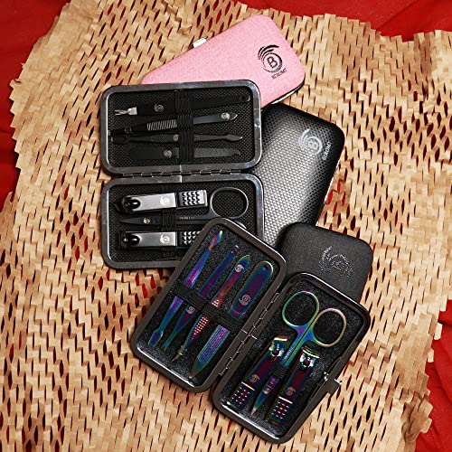 Image of Beromt 7 IN 1 Manicure Set Pedicure Stainless Steel Proffesional Nail Cutter Nail Scissors Grooming Kit with Nail Cleaning Knife, Plucker, Scissor and Nail Tools With Leather Travel Case- 03 Rainbow