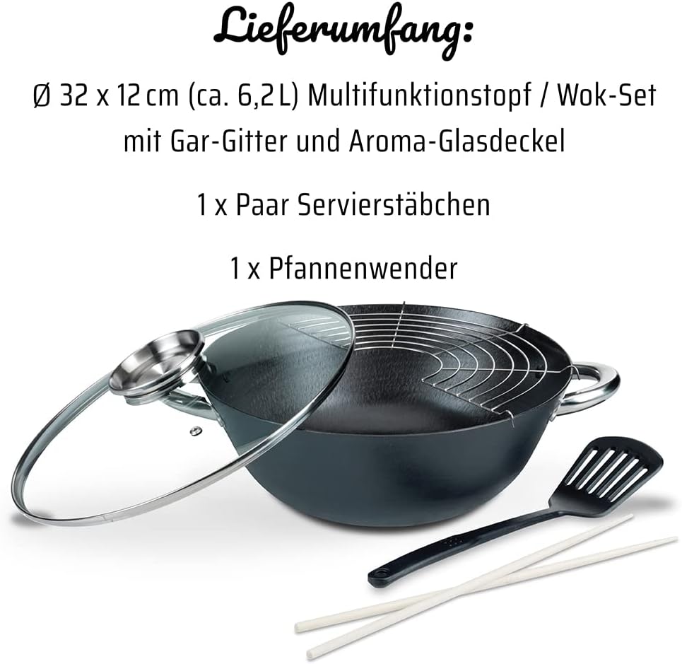 GSW - Germany 4 Piece 12.5 Inch Cast Iron Wok Set With Aroma Glass lid and Spatula