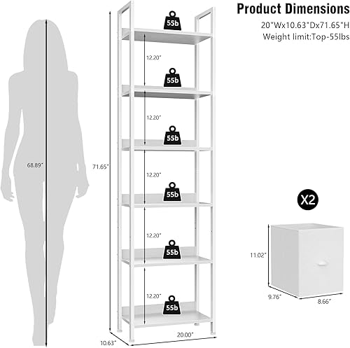 Miniatura 3 de Furologee White 6 Tier Bookshelf with Drawers, Tall 71" Bookcase with Shelves, Modern Wood and Metal Bookshelves Storage Organizer, Display Free