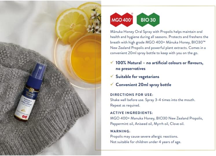 Miniatura 6 de Manuka Health, Kit de bienestar, completo con aerosol para la garganta con propóleos, tarro de miel MGO 400+ (8.8 onzas), pastillas MGO 400+ en