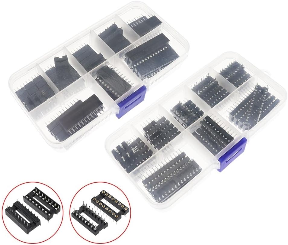 66PCS Round Foot DIP IC Sockets Adaptor Solder Type Socket Kit 6,8,14,16,18,20,24,28 Pin Suite Box
