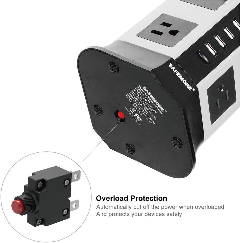 USB Surge Protector Power Strip 8 AC Plug 4 Multi USB Outlets Charging Ports Long Extension Cord 110V Safemore Vertical Socket for USB Lamps (White + Black)