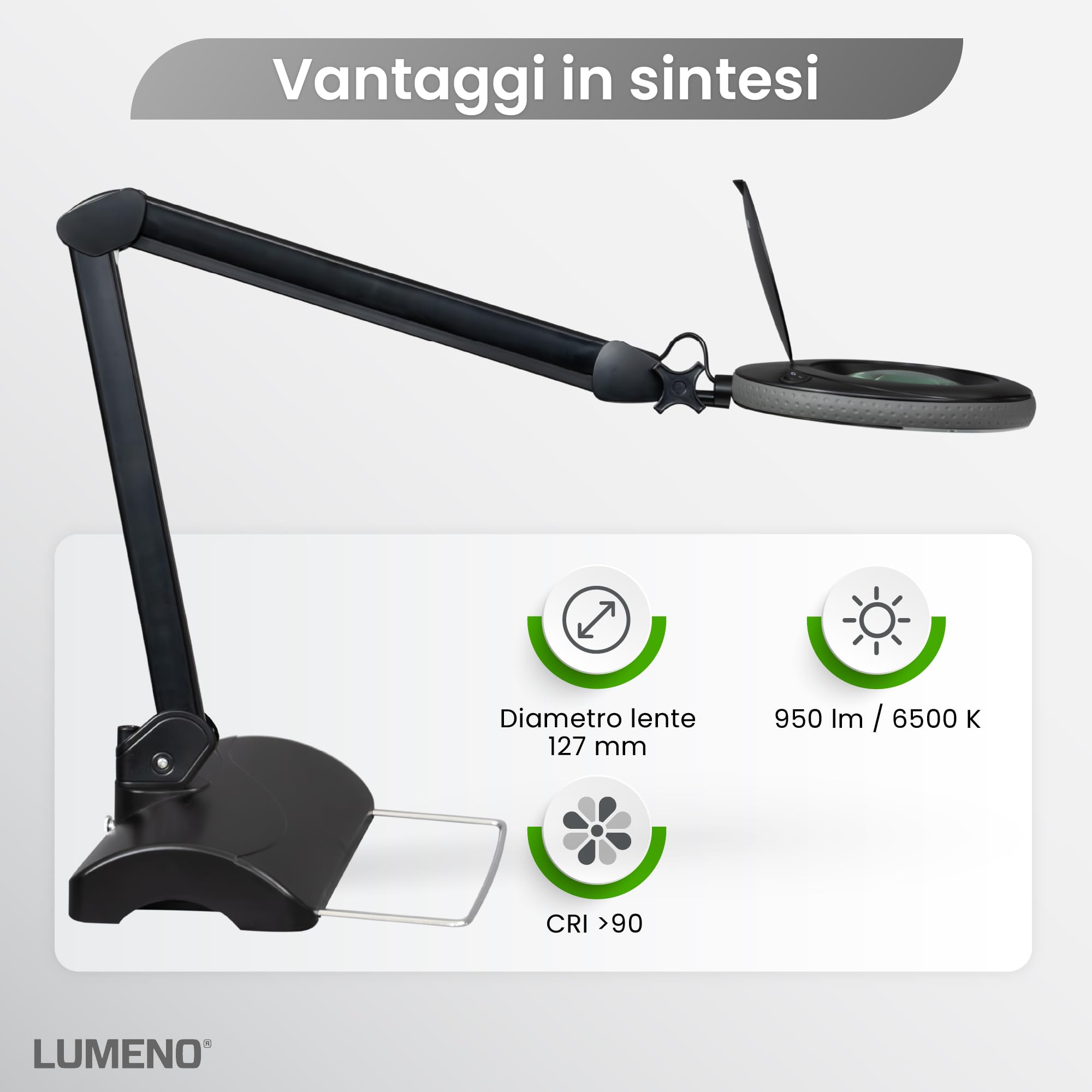 Lumeno LED lampada d'ingrandimento 7218SW, lente in vero vetro da 127 mm, lampada da lavoro, cosmetica, adatta per cosmetici, hobbisti, ausilio alla lettura, 8 diottrie nero con treppiede da tavolo