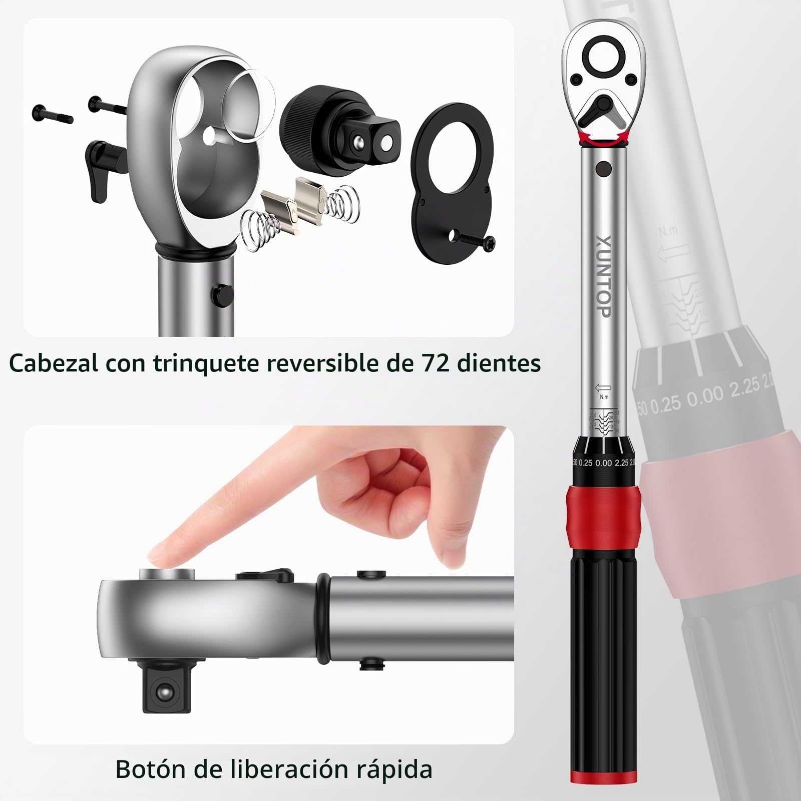 XUNTOP Llave Dinamométrica 22PCS Llaves de Carraca 1/4" 5-25Nm con Cabeza de Carraca Reversible de 72 Dientes, Puntas Hex/Phillips/Torx Precisión±3% para Reparación de Bicicletas, Moto,Coche,Camión
