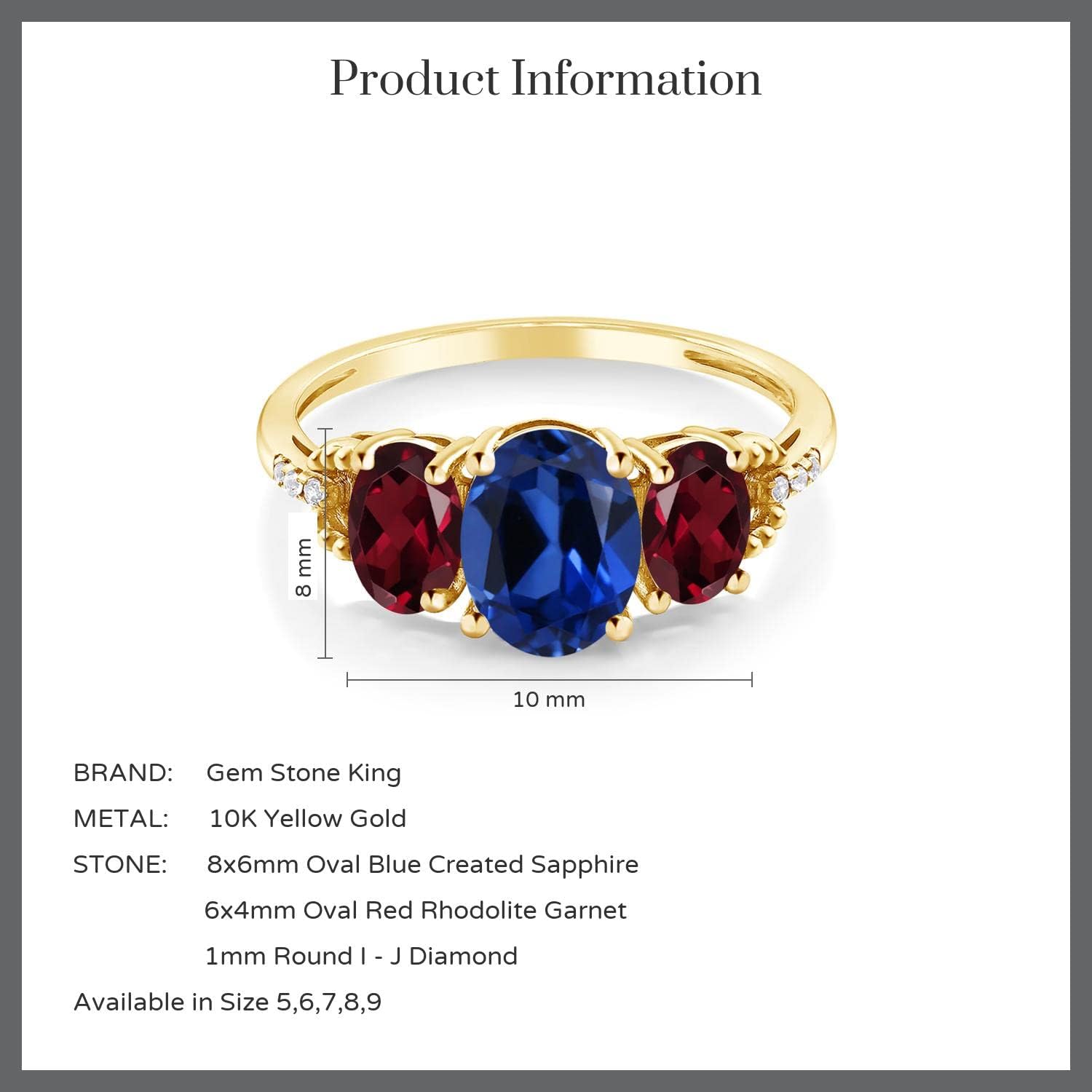 Gem Stone King 10K Yellow GoldBlue Created Sapphire Red Rhodolite Garnet and Diamond Engagement Ring | 2.64 Cttw | 3 Stone Wedding Engagement Anniversary Promise Ring For Women