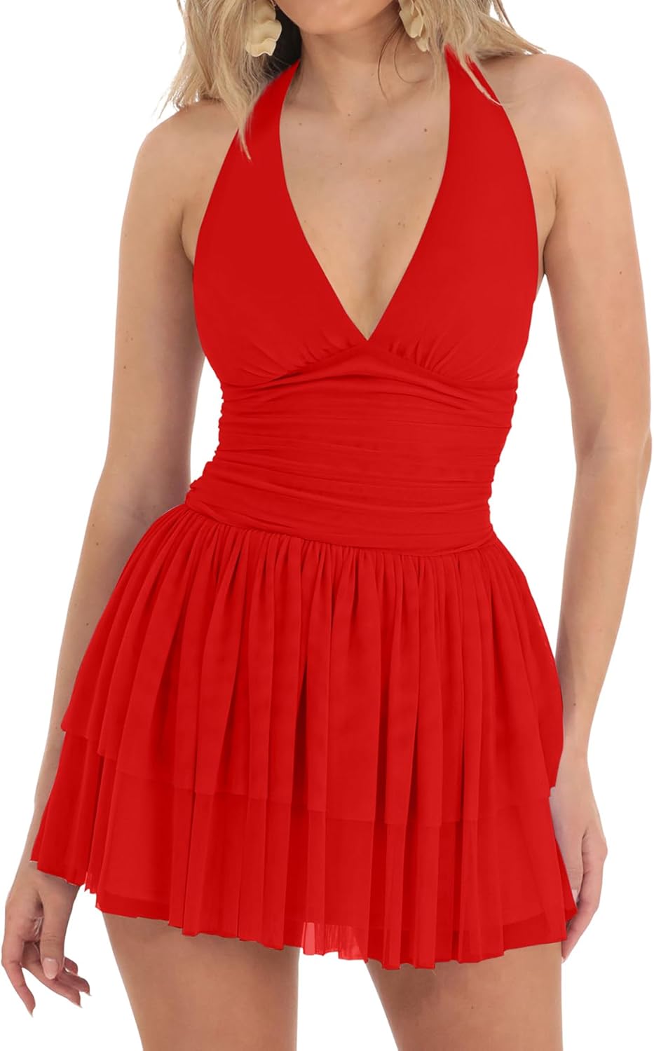 LCNBA Women's Halter V Neck Ruffled Hem Mesh Dress Ruched Flowy Mini Dress - Image 2