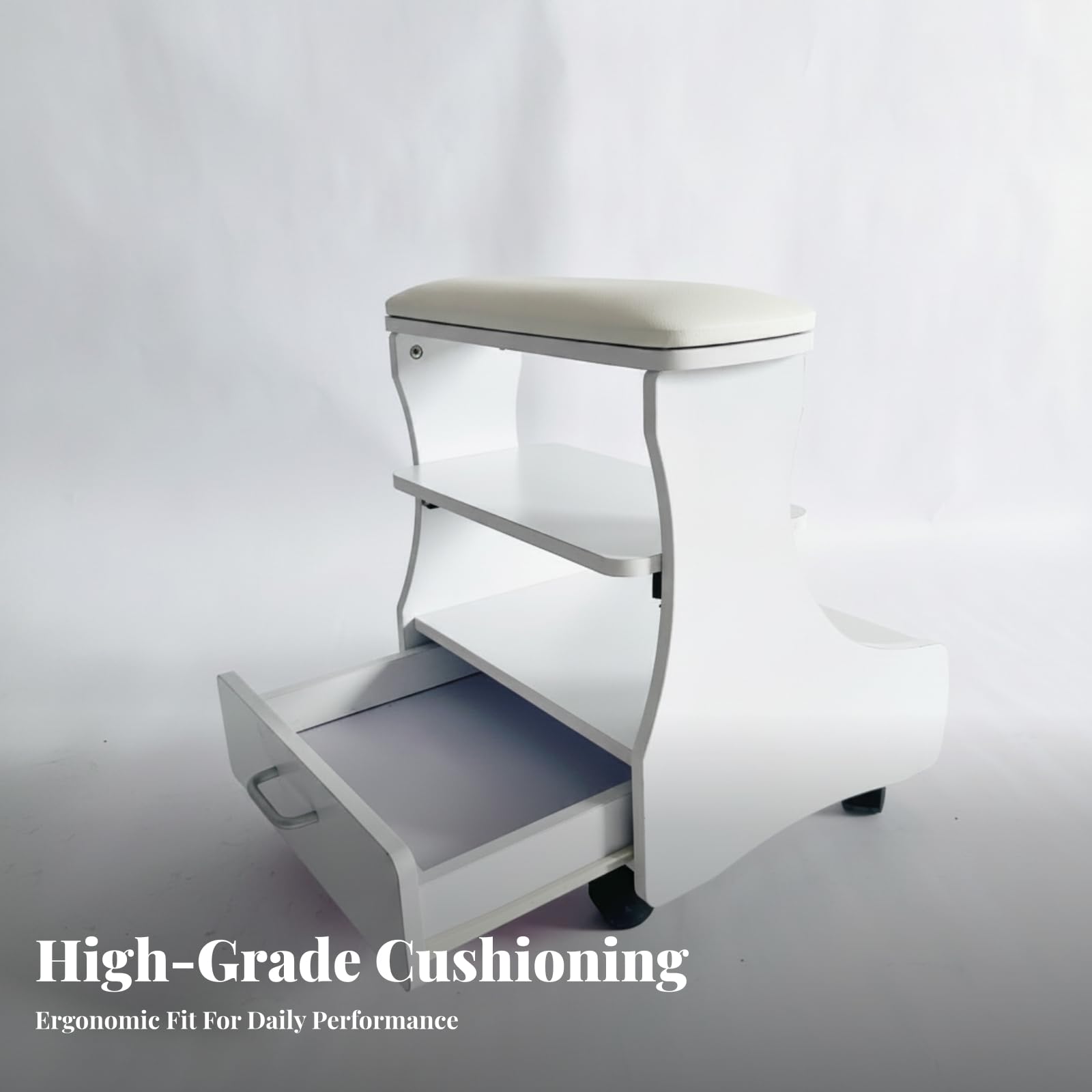 Sgabello per Pedicure con Ripiano | Compatto, Salvaspazio, Sedia per Pedicure, Centro Estetico, Casa, Estetiste, Onicotecniche,