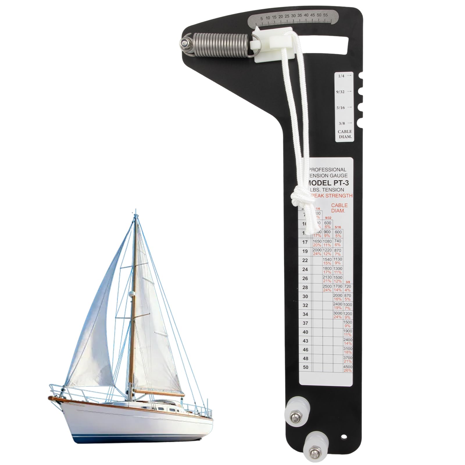 PT-3 - Medidor de tensión de aparejo manos libres, medidor de fuerza profesional para tensar y afinar cubiertas de velero, aparejo de cuerda de alambre, bosques, aparejos de cable, se adapta a cables