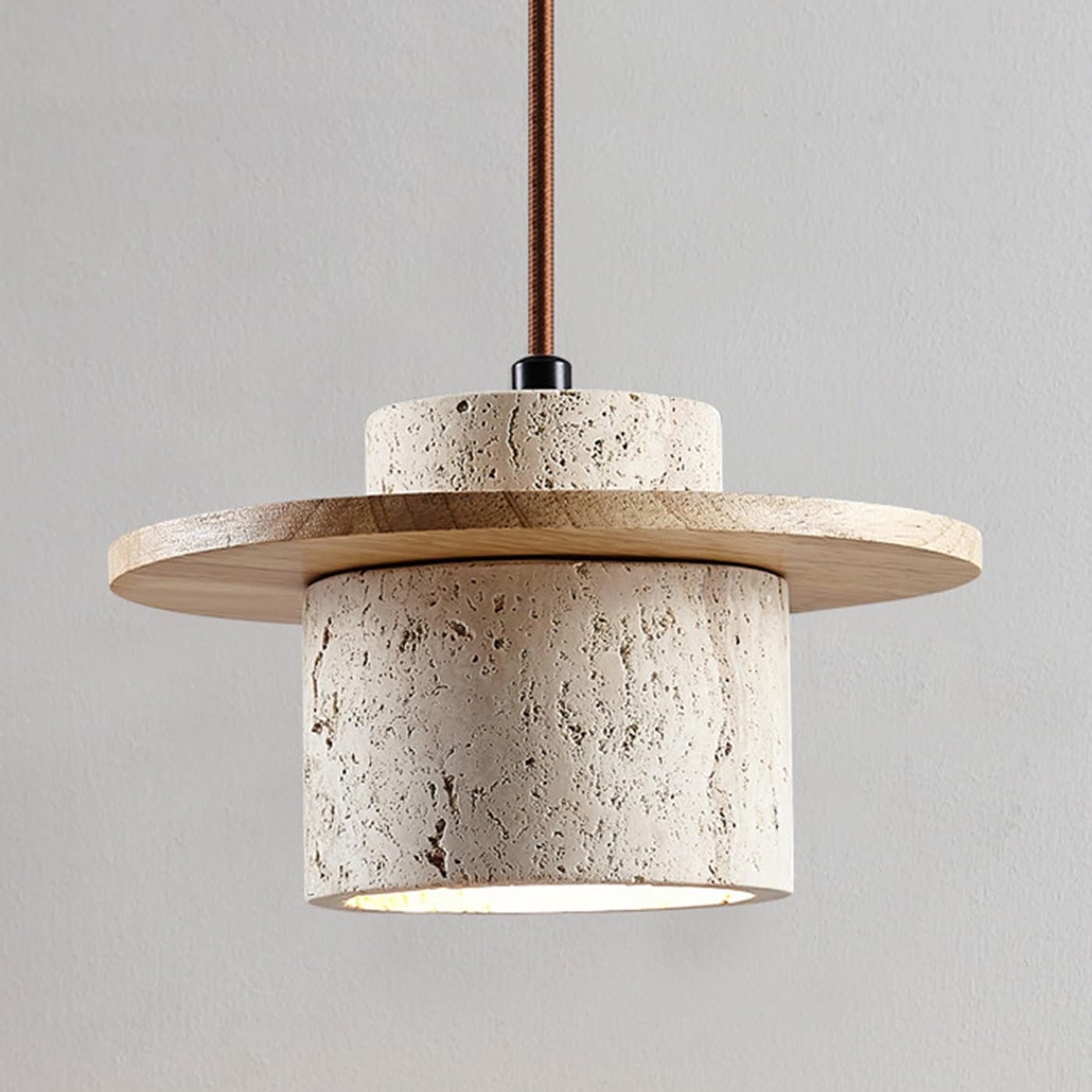 MTNROO Wabi-sabi Style Cylindrical Small Hanging Light Yellow Limestone Natural Pendant Lamp E27 Single Head Middle Chandelier Wood Art Decoration Ceiling Lighting Fixture for Bar Bedroom